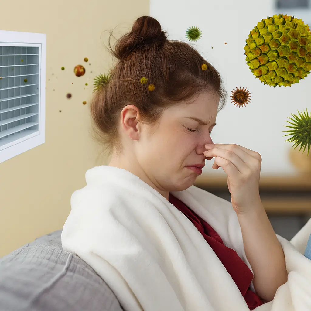 Woman on couch reacting to airborne allergens coming from a home air duct