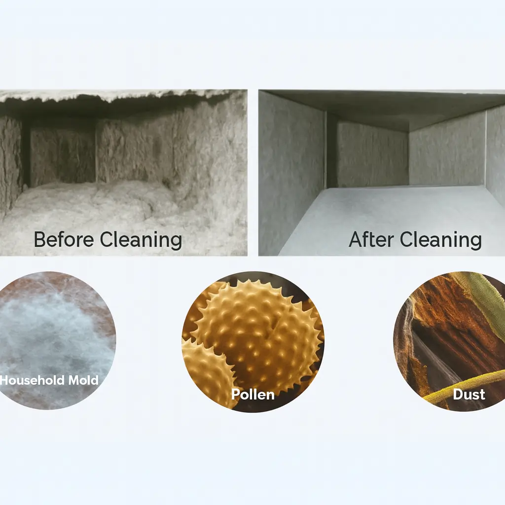 Air duct before and after cleaning comparison with household mold, pollen, and dust removal