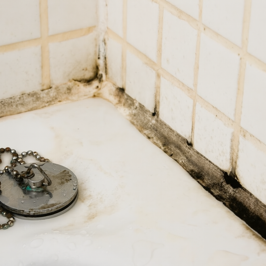 Close-up of moldy grout in the corner of a bathtub with a rusty drain plug
