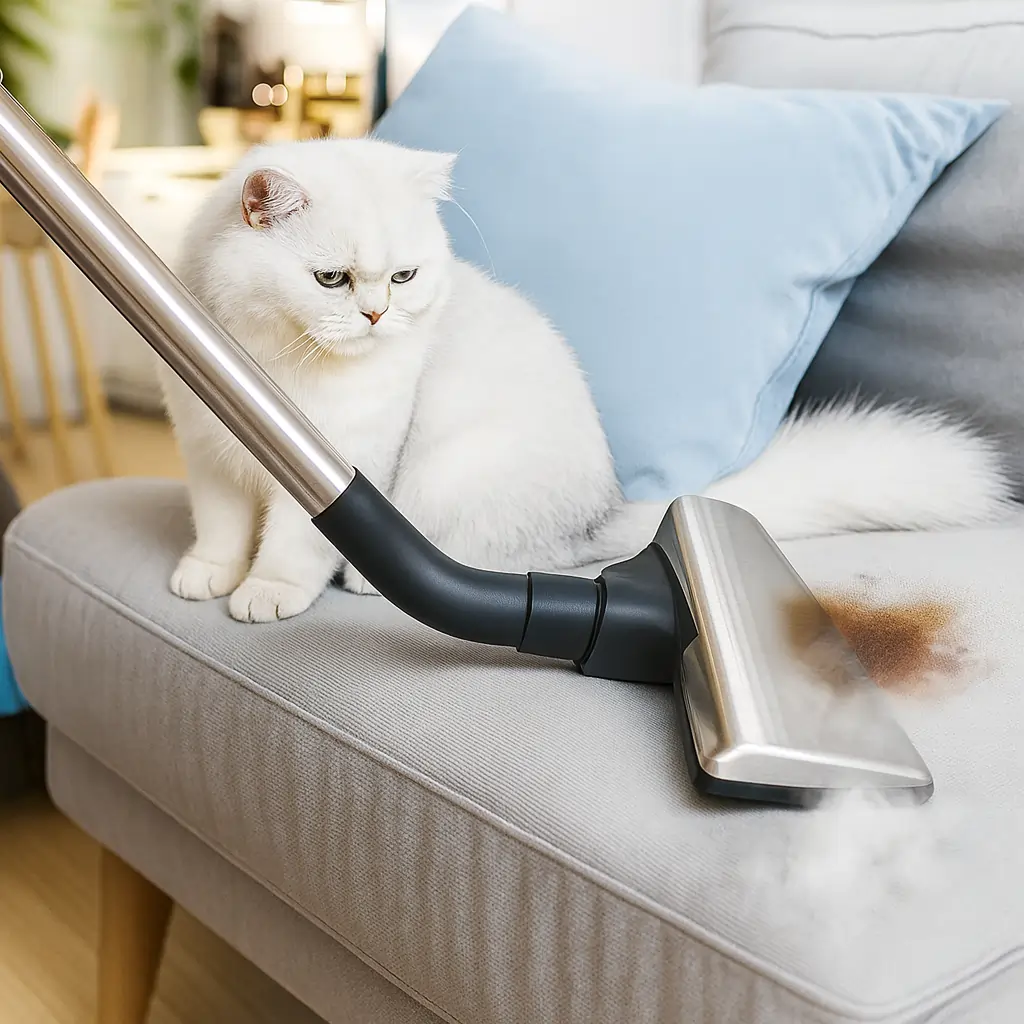 White cat sitting on a gray couch near a brown stain while a stainless steel vacuum cleaner is in use