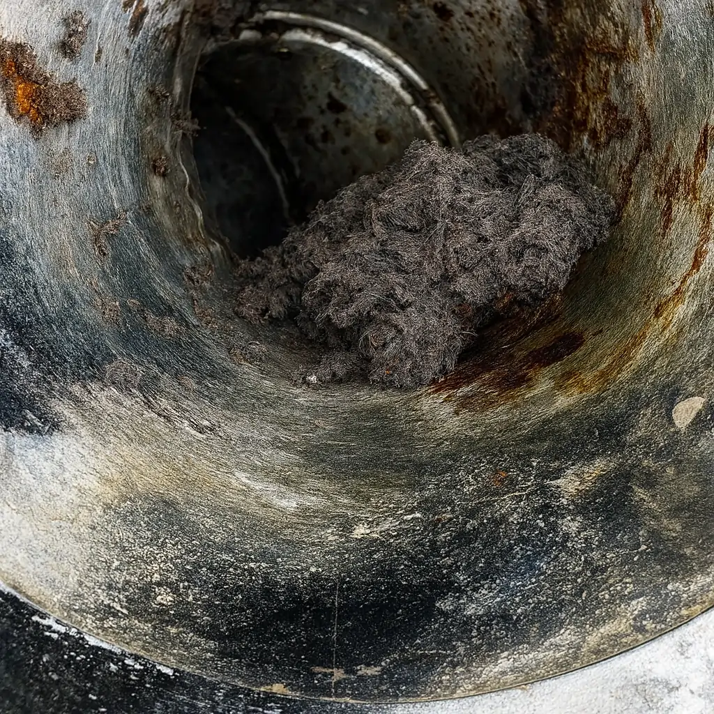 Inside view of clogged dryer vent showing heavy lint and rust buildup