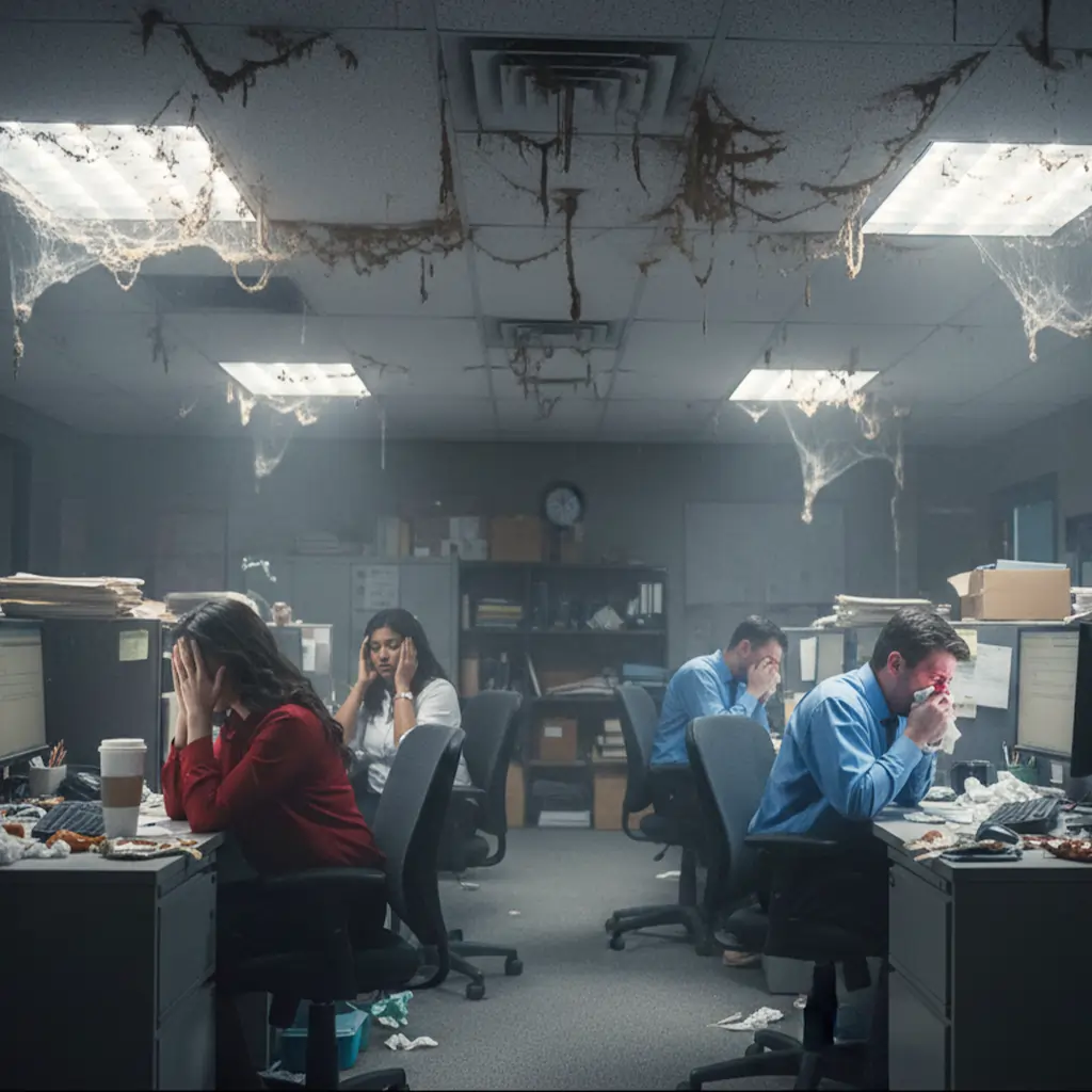 A close-up image showing a dirty, dusty air vent in a commercial building, illustrating how clogged vents can negatively impact the work environment and employee productivity. 