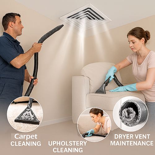 Technicians performing carpet cleaning, upholstery cleaning, and dryer vent maintenance in a modern home