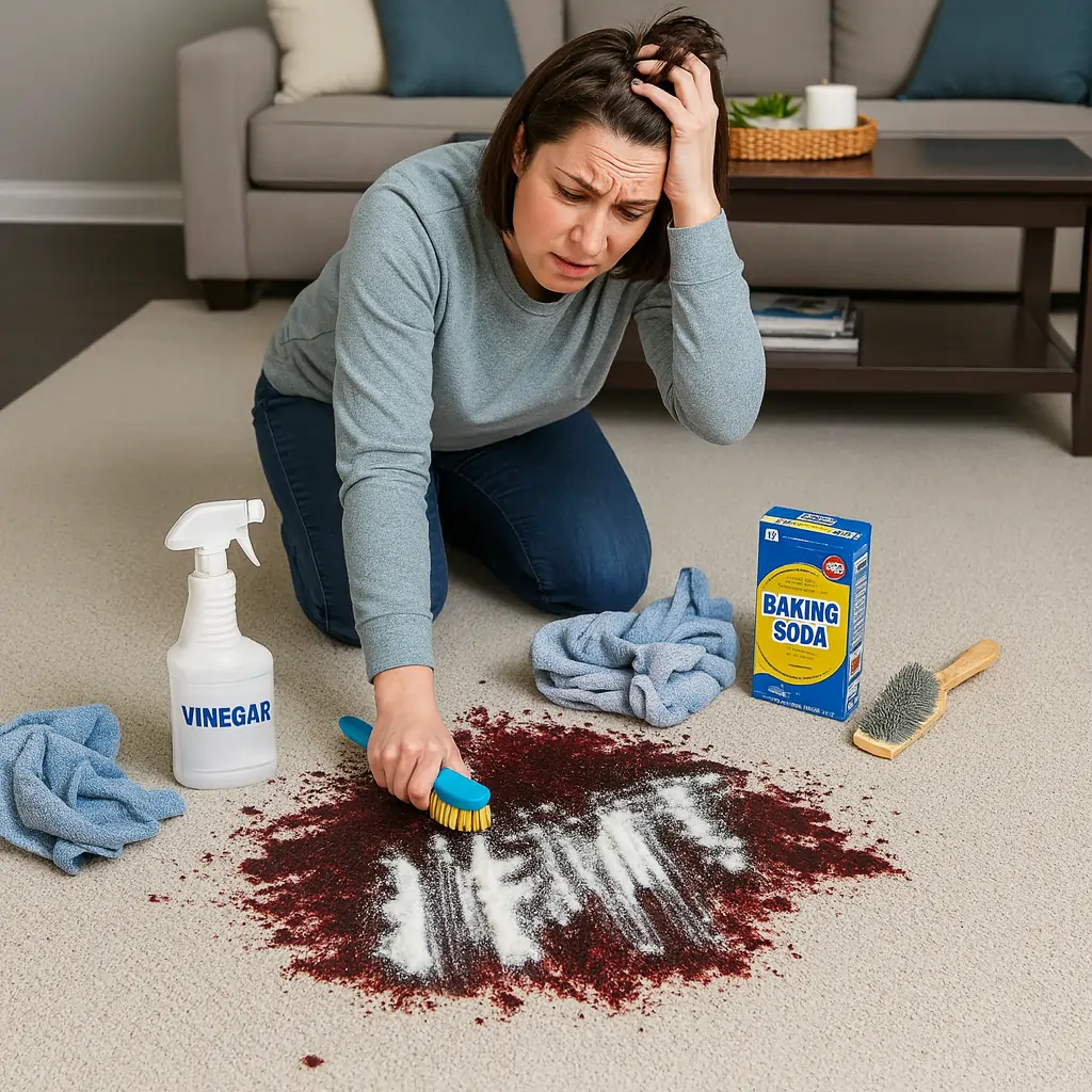 Homeowner struggling with a red wine carpet stain using baking soda and vinegar — DIY attempt that can damage fibers