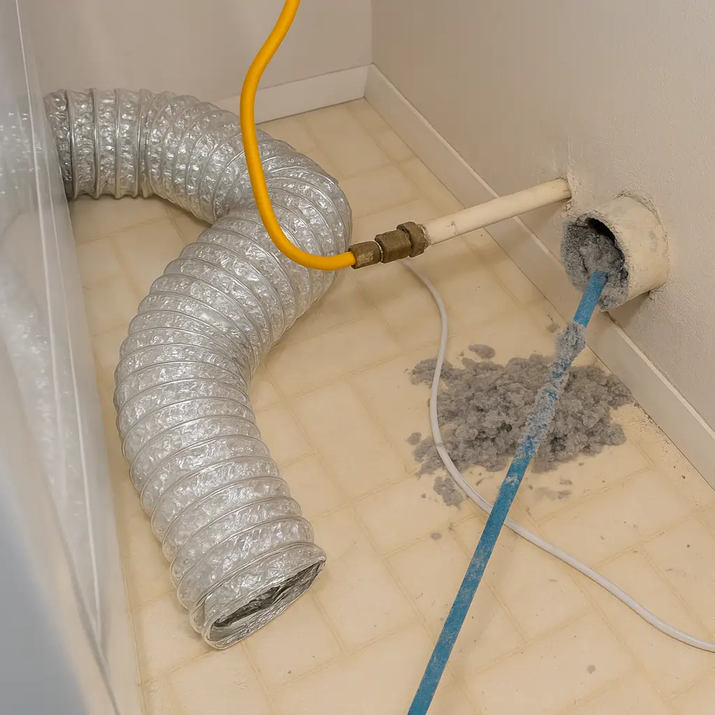 Dryer vent cleaning with flexible hose and lint removal brush 