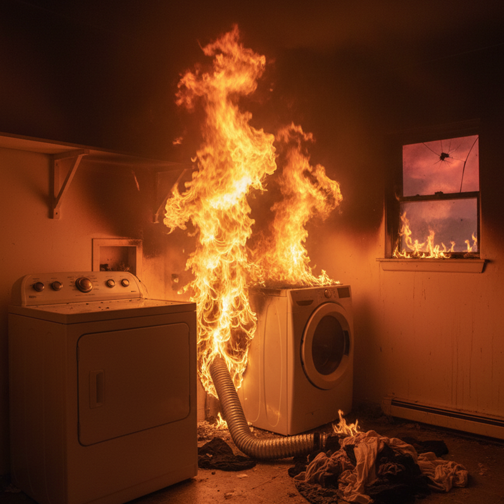 Dryer vent fire spreading in laundry room due to clogged dryer