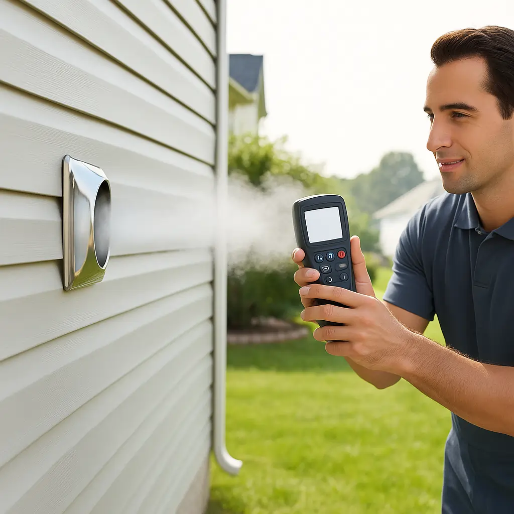 A professional wearing a dark Marengo gray jumpsuit uses a handheld device to measure airflow from a dryer vent on the exterior of a home.