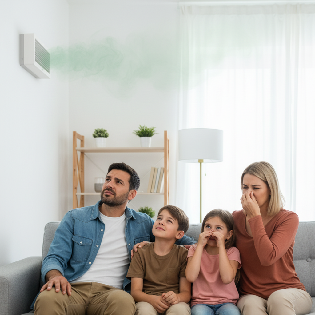 A family of four covers their noses, reacting to a green haze coming from an air vent in their living room, representing bad indoor air quality.