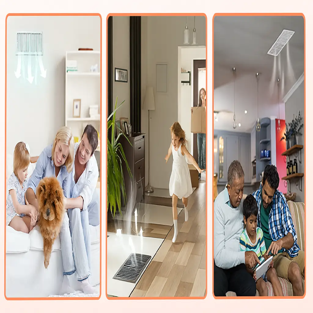 Families enjoying clean airflow from floor, wall, and ceiling vents in different home settings