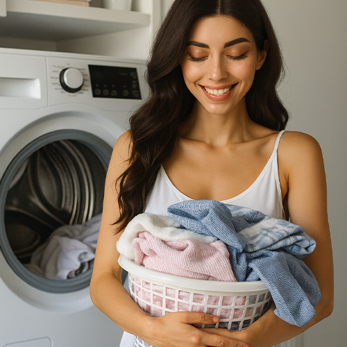 Young woman carrying a basket of freshly dried clothes beside modern dryer