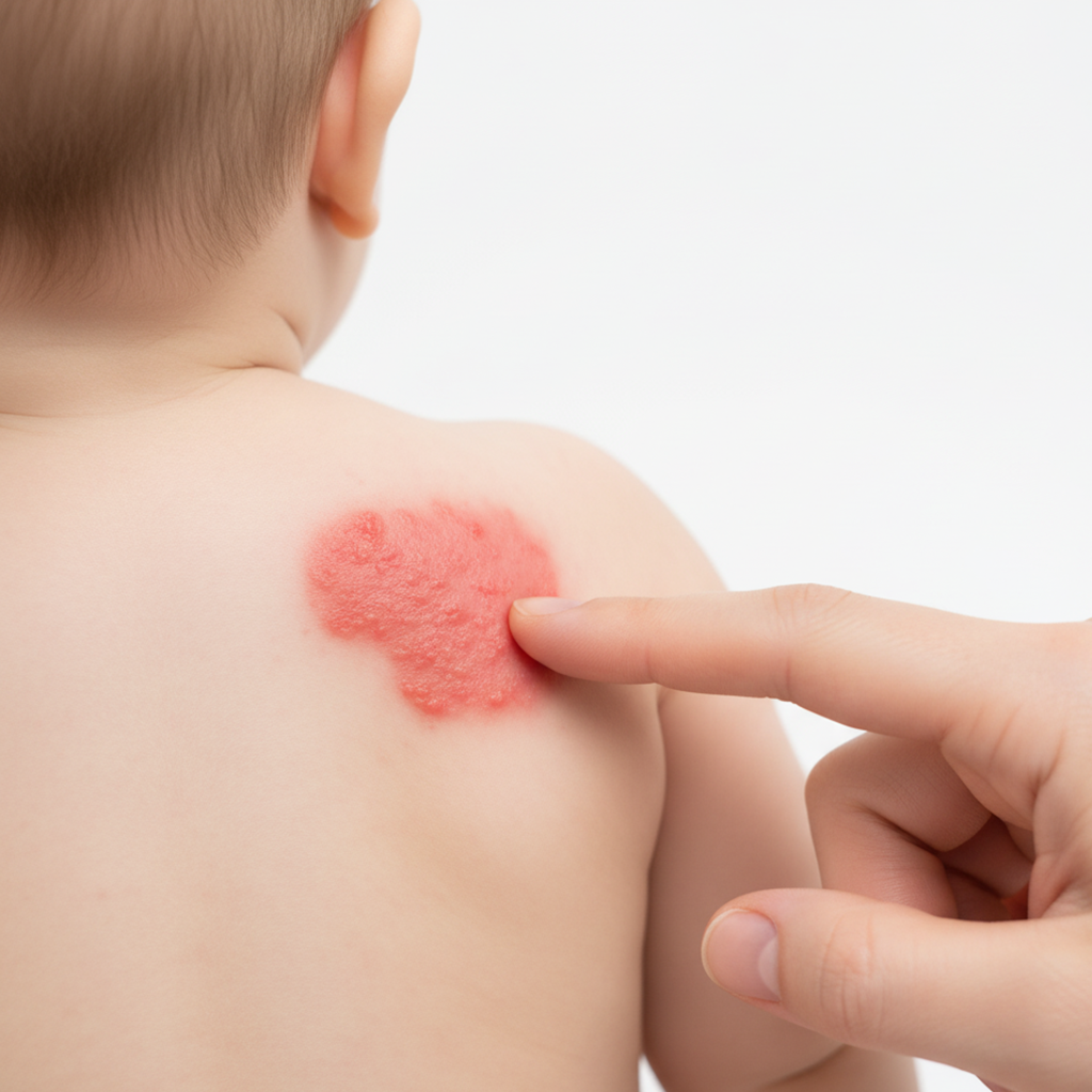 A detailed shot of an adult's finger touching a red, blotchy area on an infant's back, suggesting skin discomfort or an allergic rash