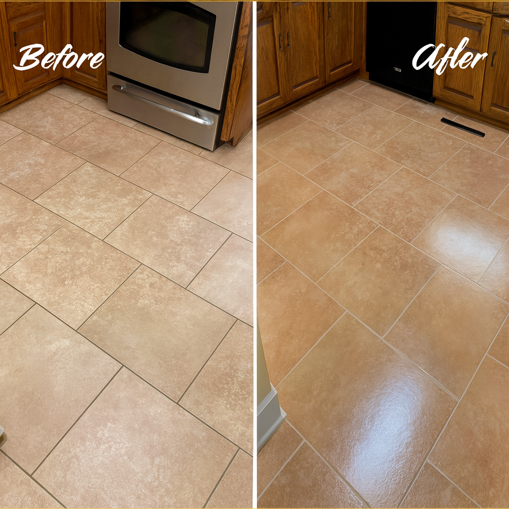 Side-by-side comparison of kitchen floor tiles before and after professional cleaning and restoration