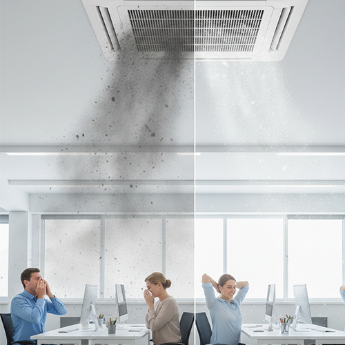 A side-by-side view within an office showing a contrast in air quality; one area has clean, fresh air, while another area has people reacting unpleasantly to a visible haze from a neglected air vent.