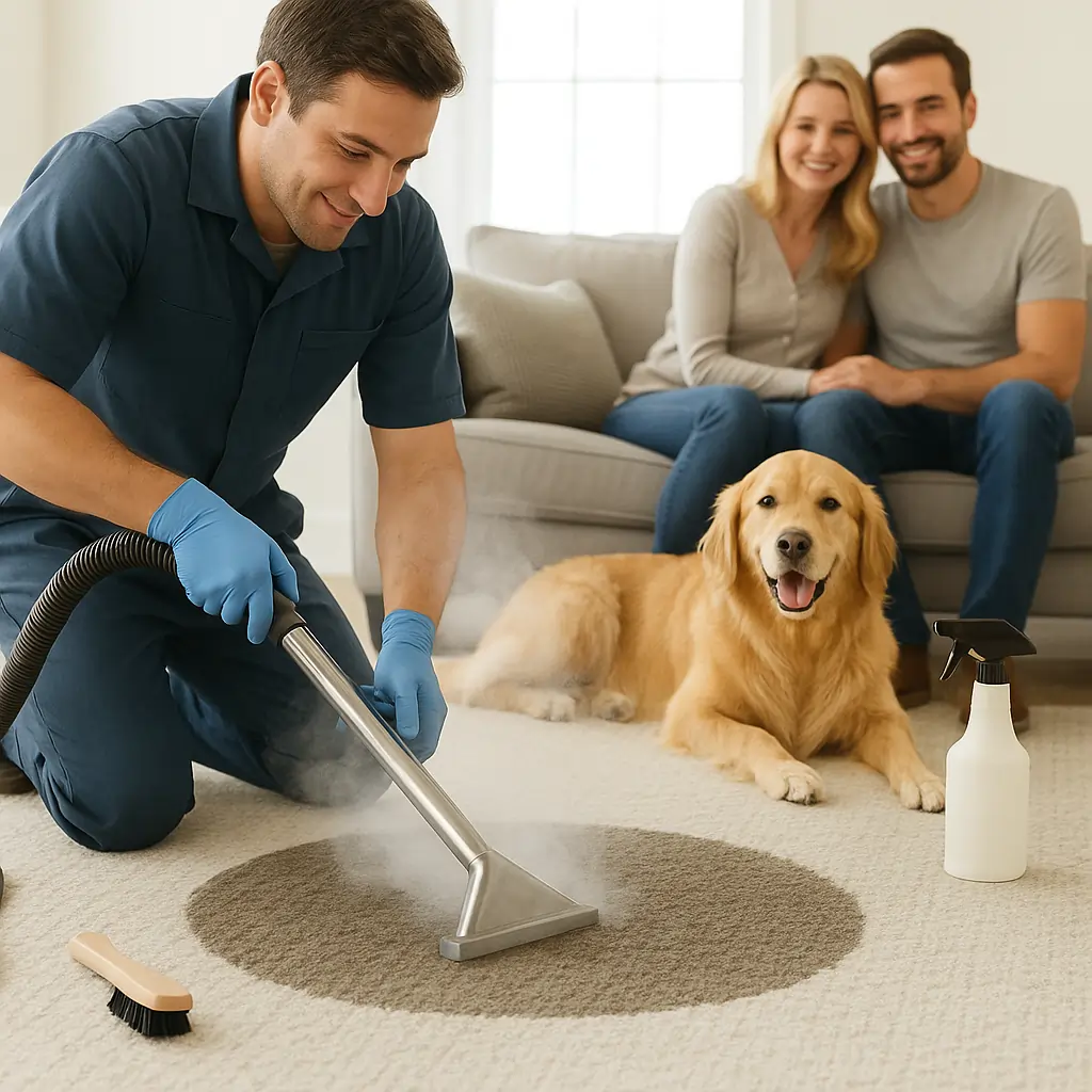 Technician in Marengo jumpsuit steam cleaning carpet near a couple and golden retriever