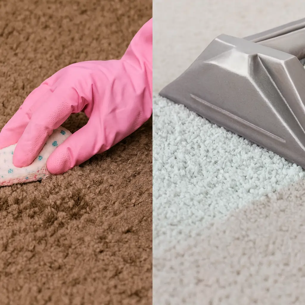 Professional carpet cleaning before and after results showing spotless transformation