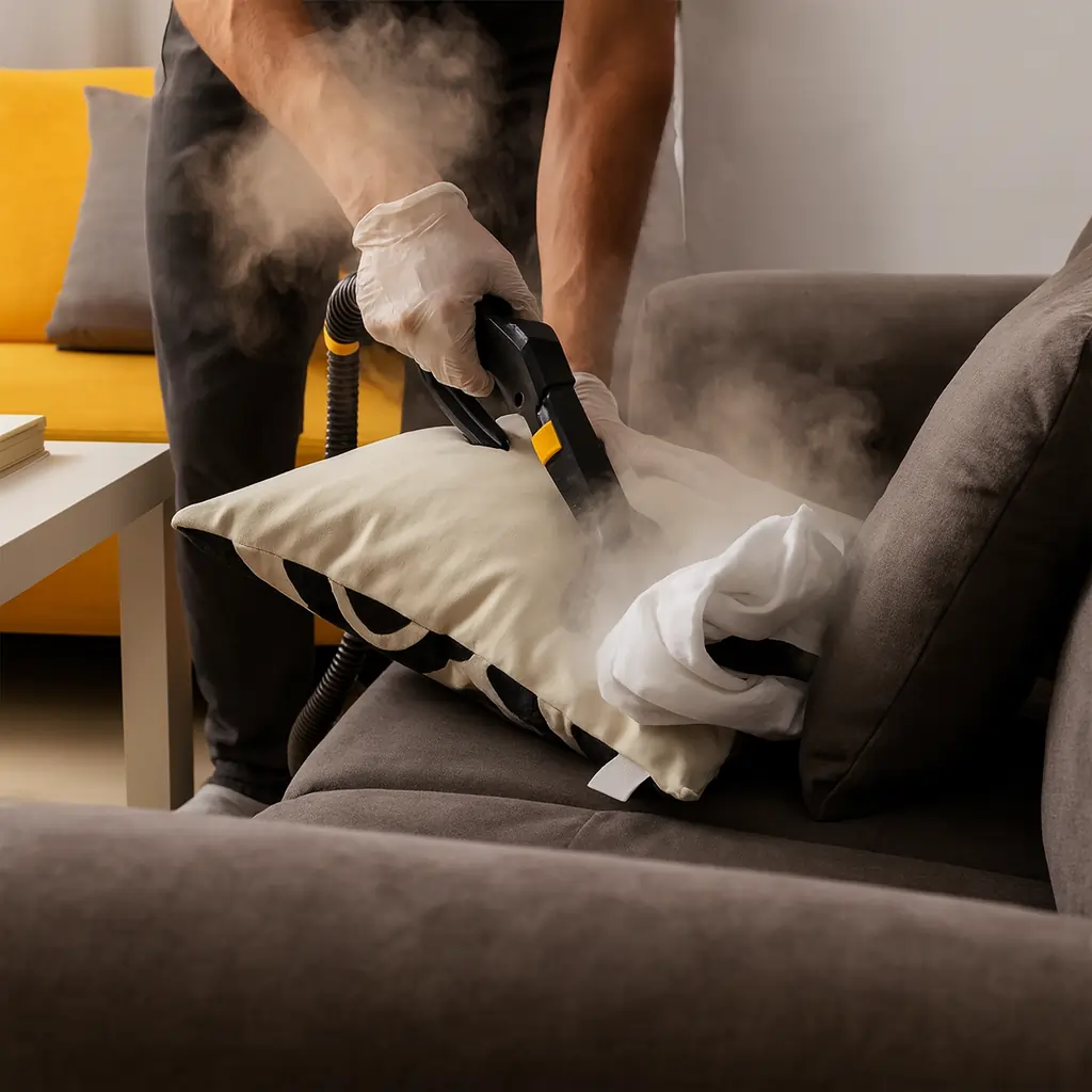 Professional upholstery cleaning with advanced equipment on a fabric sofa
