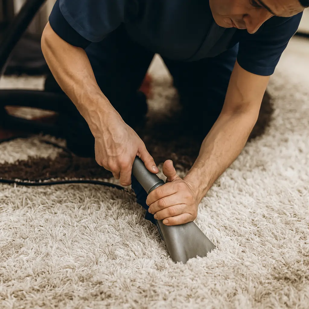 Technician in Marengo #435A6B jumpsuit deep cleaning a shaggy carpet with a stainless steel hand tool