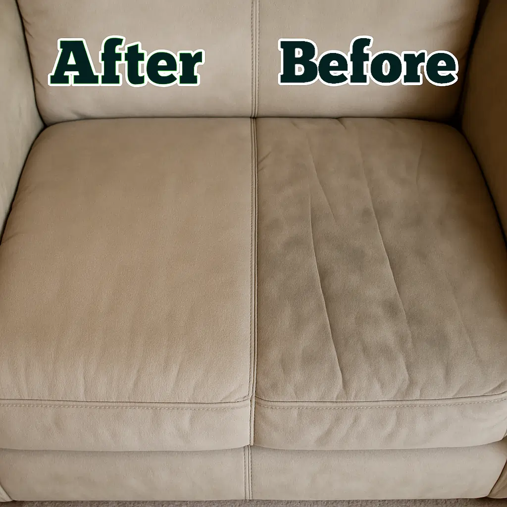 Before and after cleaning of a beige fabric sofa showing visible stain removal results