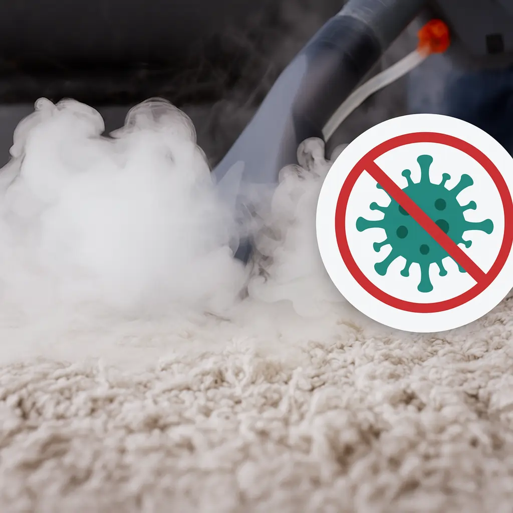 Steam carpet cleaning with sanitization symbol showing removal of germs and bacteria