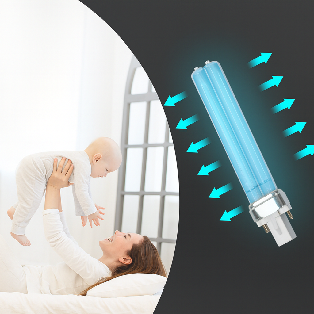 UVC disinfection light purifying air next to a mother holding her baby in a bright clean room
