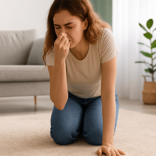 Woman kneeling on carpet pinching her nose due to unpleasant smell in living room